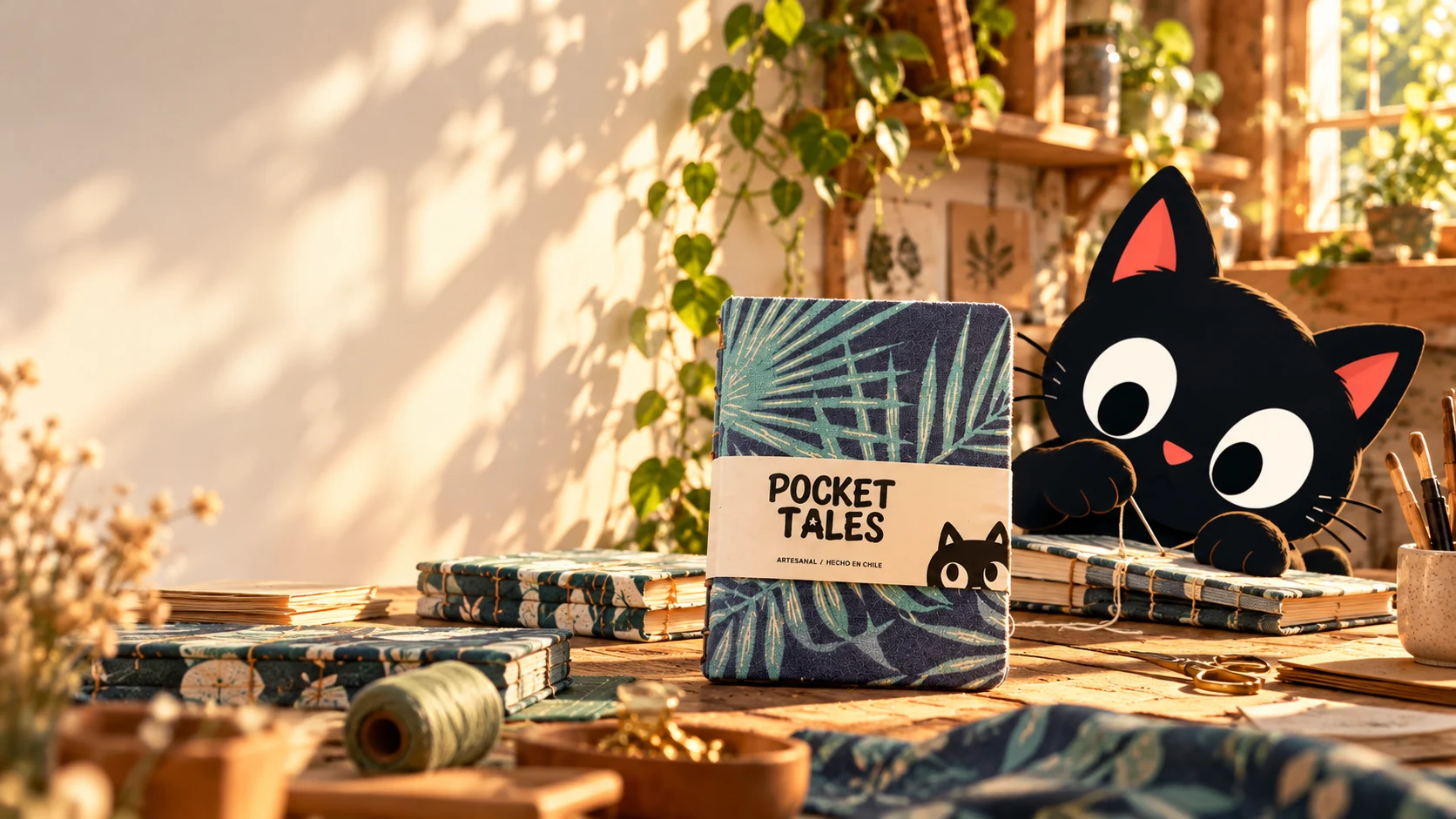 Ilustración conceptual del taller: Salem encuadernando junto a una libreta Entre Hojas